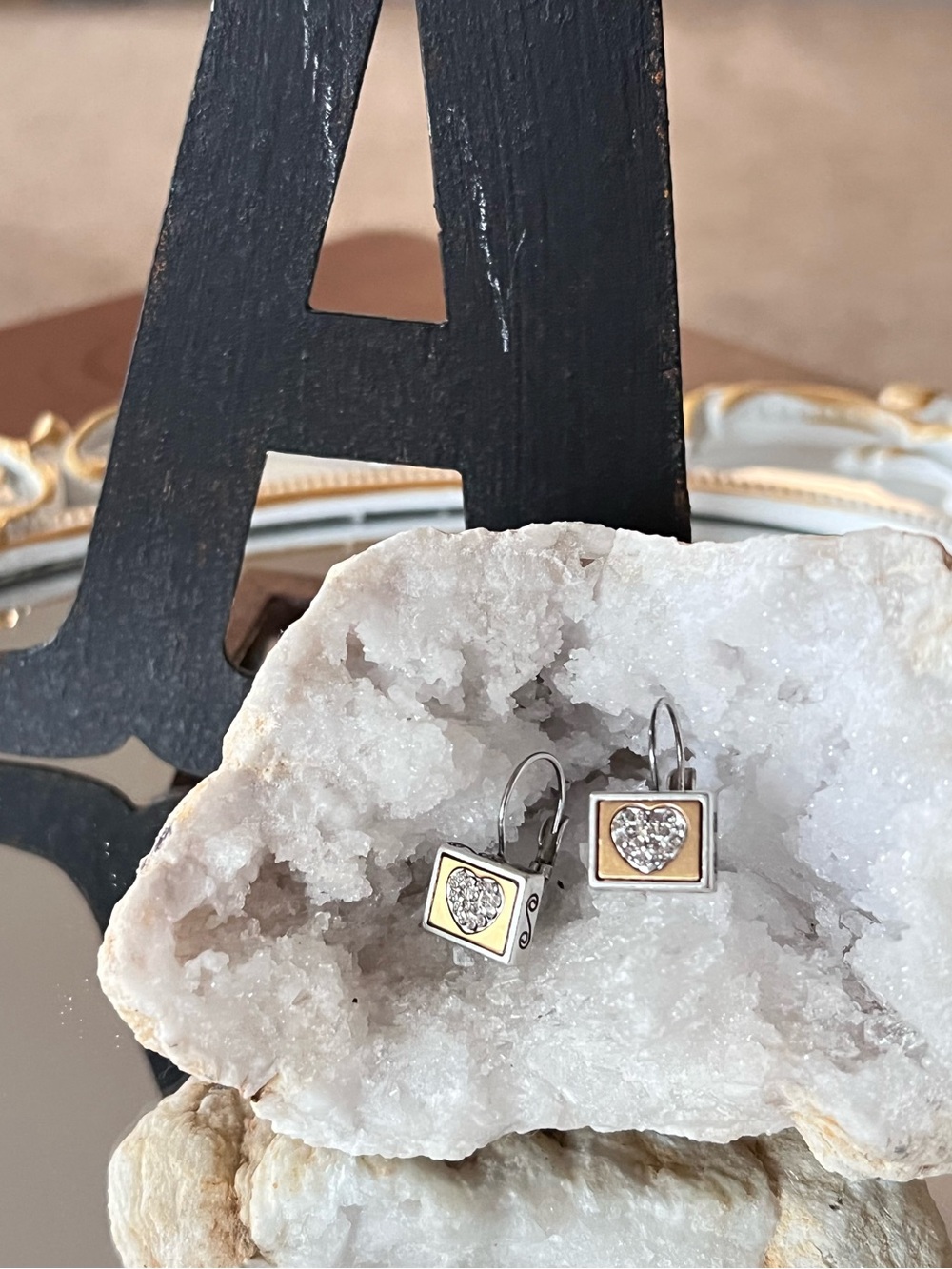 Brighton Two-Tone Mosaic Heart Square Drop Earrings